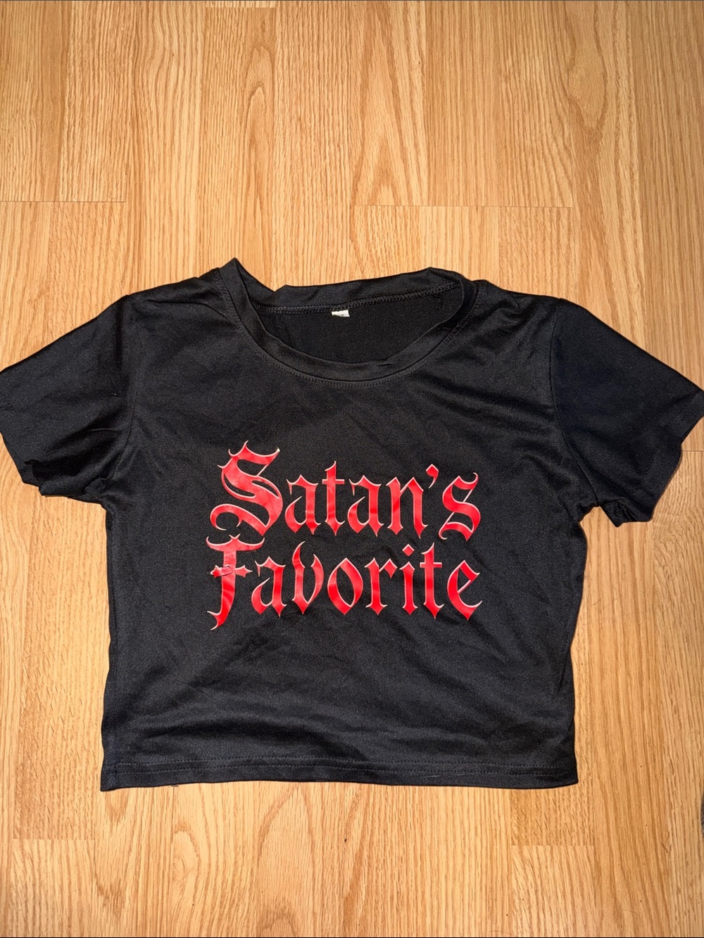 Black Graphic Cropped baby Tee with Red Gothic Script - Women's Top